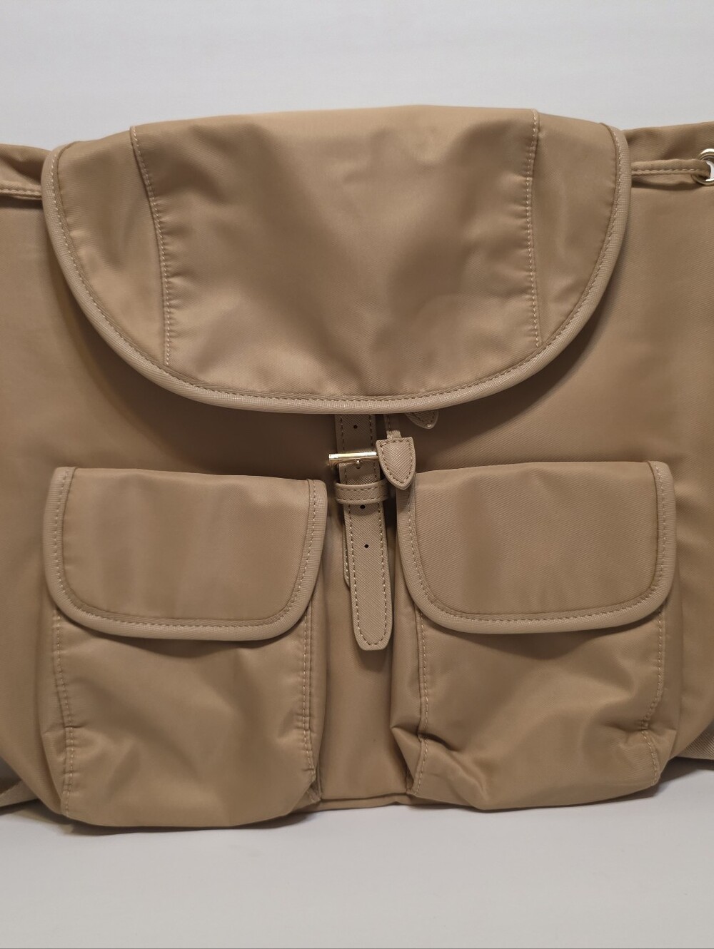 Year of Ours Tan Nylon Drawstring Backpack Purse Utility Pockets Never Used